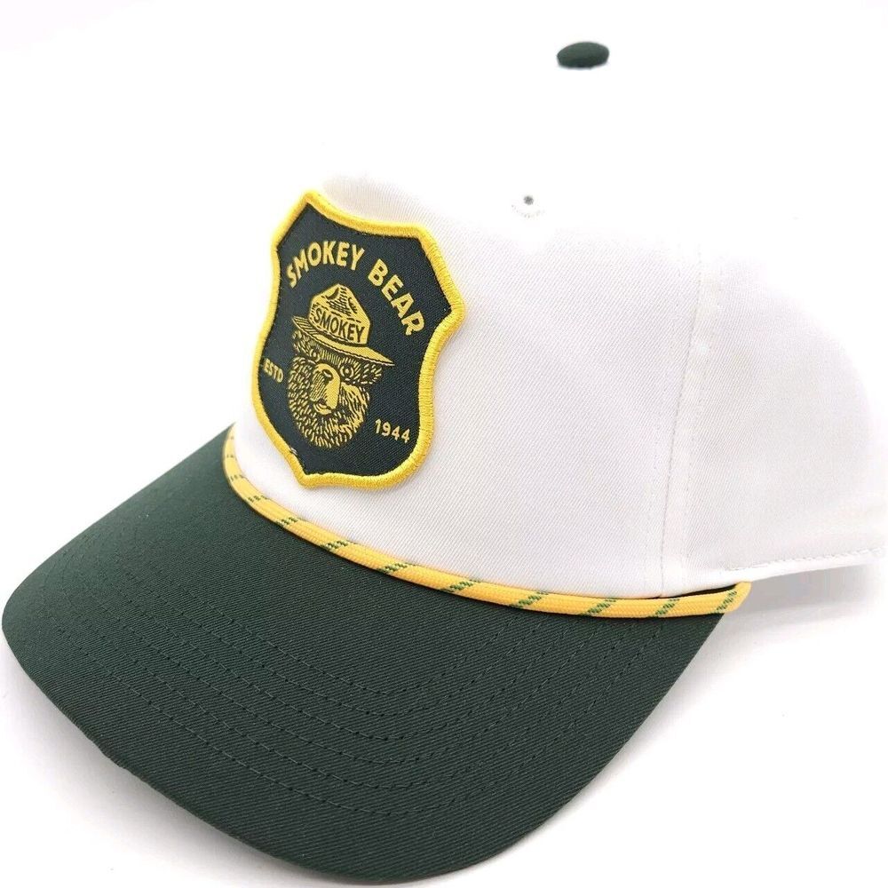 Smokey The Bear Snapback Rope Trucker Hat Green White Patch Ball Cap Outdoors